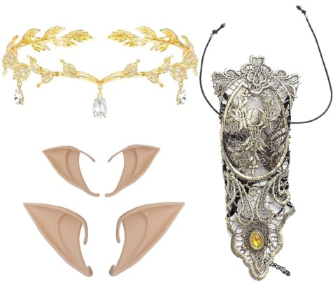 ZOOMPIL Tiara och älva öronset, strass blad bröllop tiara, älva öron set med spetshandskar, för älva-cosplay, jul, halloween, karneval, festdekorationer tillbehör