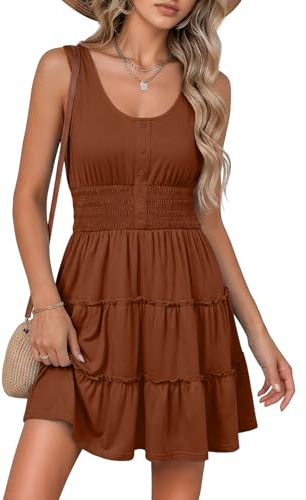 Dokotoo Women's Dresses Ruffle Sleeveless Dresses Resort Wear for Women 2026 Button Down Smocked Elastic Waist Solid Color Short Flowy Mini Babydoll Sun Dress Casual Beach Sundresses Brown Large