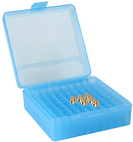 Prothens 100 cartuchos de pistola de solapa redonda el plástico se puede apilar y bloquear el tanque de almacenamiento de municiones-azul 4,65*4,65*1,77 