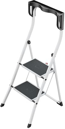 Hailo K75 ComfortLine Escabeau pliable à 2 niveaux en acier avec support de sécurité et plateau d'appui Hauteur de travail jusqu'à 2,47 m Poids 5 kg Blanc, 4342-300