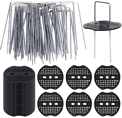XCRPRT 50 anclajes de suelo y 50 discos amortiguadores, clavos de acero inoxidable, clavos en forma de U para fijación de láminas, césped artificial, vallas, vallas, cubiertas de suelo 150 x 40 mm,
