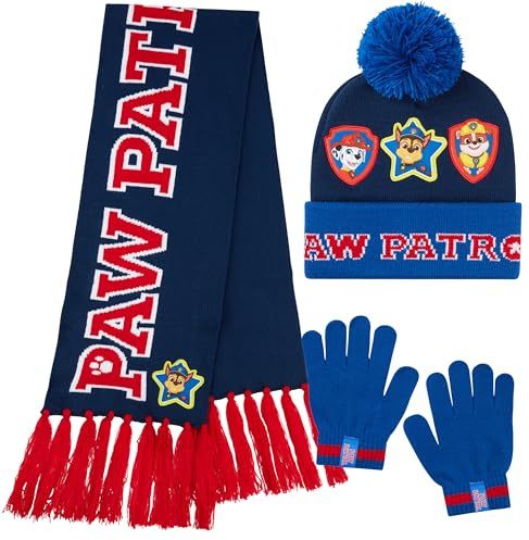 Paw Patrol Set de Invierno 3 Piezas, Gorro Pompón, Bufanda y Guantes para Niños (Azul Marino/Rojo)