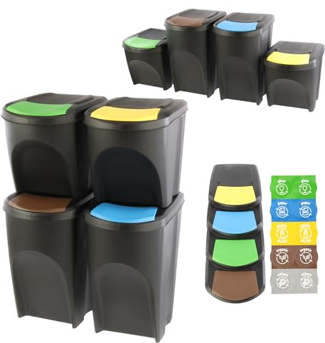 botle Mülleimer- 4er Set 120 L Mülltrennungssystem - Set aus 2x35 L + 2x25 L Abfalleimern in Schwarz zum Stapeln Kompakt modulare und Licht Einfache Sortierung des Hausmülls Kunststoff
