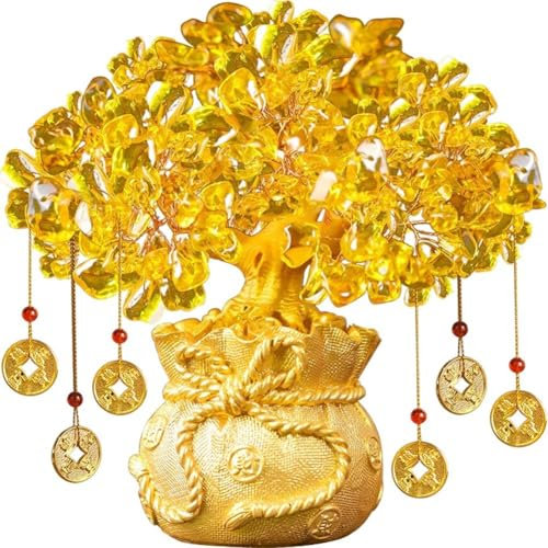 Ymxygz Yellow Crystal Money Tree Feng Shui Bonsai for Fortune Money Good Luck Wealth Lucky Tree Wealth Crystal Money Ornaments Home Decoration