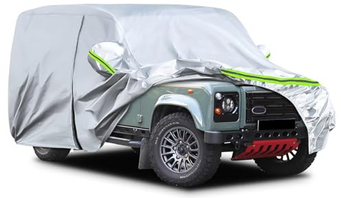 JUDANNA Car Cover Waterproof Breathable Intended for Land Rover Defender 110 1990-2016, All Weather Protection Outdoor Car Cover Full Car Cover Sun Rain UV Dust Windproof, Silver