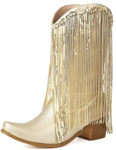 Lizoleor Blockabsatz Square Toe Damänner Fransen Stiefel Klassischer Mode Shiny Sweet Ohne Verschluss Mid High Party Cowboystiefel Gold Gr 38 EU/39Cn
