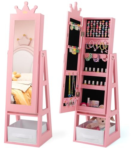 DREAMADE 3 en 1 Armoire à Bijoux Enfants en Bois,Organisateur de Bijoux Enfant avec Miroir Pleine Longueur,Tiroir Pliable,Anti-Bascule,Crochets,Meuble sur Pied Motif Couronne pour Filles (Rose)