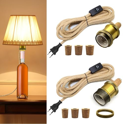 2 Pezzi Portalampada per Bottiglia con Interruttore, E27 Portalampada con 240CM Corda di Canapa Cavo e 3 Tappi di Tappo, Adattatore per Lampada a Bottiglia, Lampada da Tavolo per Bottiglia di Vino