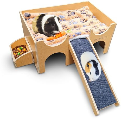 TINY ROYALS Guinea Pig Wooden Hideout with Built-in Feeder, Screw-Assembled Natural Wood Castle with Absorbent Fleece Mat, Ramp & Accessories, Cozy Safe Hideaway for Small Pets to Rest, Play & Explore