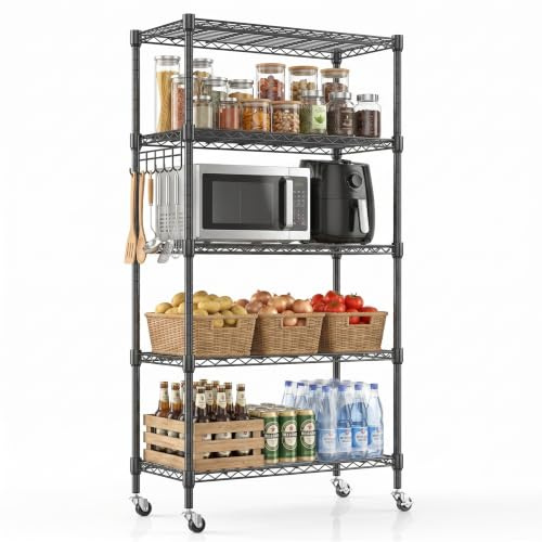 Himimi Estantería con ruedas, estantería de metal con ruedas, altura regulable, estantería de almacenamiento de pie con 5 estantes y ganchos, estantería de pie para cocina, despensa, sótano, 35 x 76 x