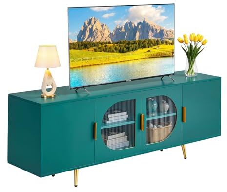 VEVOR TV Stand for TVs up to 75 inch, Modern Entertainment Center with Glass Doors and Gold Legs, TV Cabinet Storage with Adjustable Shelves, Media Console Table for Living Room and Bedroom, Green