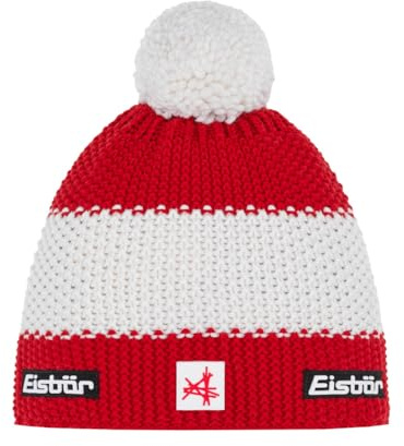 Eisbär Mütze Herren & Damen Star Pompon Ski Austria rot-weiß-rot - Merino Wintermütze Unisex mit Fleece schützt vor Kälte und Wind - Bommelmütze atmungsaktiv elastisch Haube aus Österreich