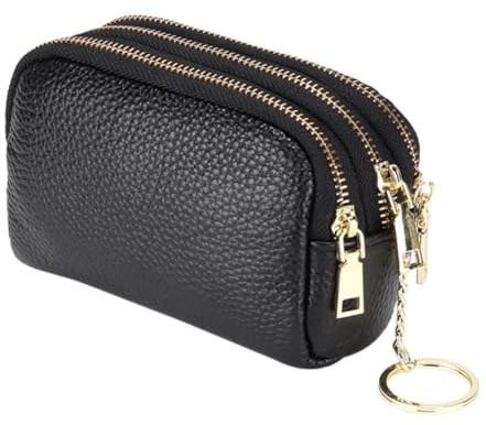 LABRIMP Pochette à Monnaie Zippée en Cuir de Vachette Noir, Grosse Capacité