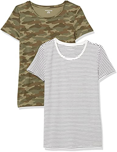 Amazon Essentials Maglietta Girocollo a Maniche Corte Vestibilità Regolare Donna, Pacco da 2, Bianco Righe/Verde Oliva Mimetica, L