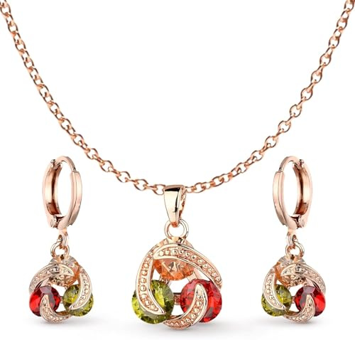 Crystalline Azuria Femme Ensemble Collier et Pendantes Boucles d'Oreilles 18ct Plaqué Rosé avec Cristaux Multicouleurs en Zircone