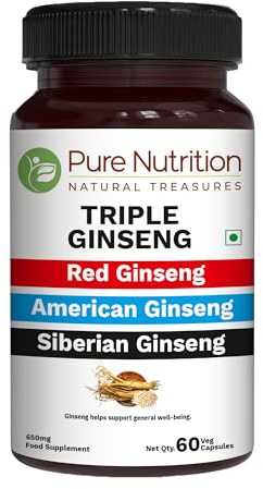 Pure Nutrition Triple Ginseng - an Unique and Effective Combination of Red Ginseng, American Ginseng and Siberian Ginseng. 790mg per Capsule | 60 Veg Caps Pack