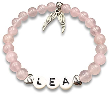 Majas Perlen Armband mit Namen Rosenquarz - Herz echt platiniert - Geschenk Mädchen Mama Geburt Baby Kinderarmband nach Wunsch - diverse Edelsteine möglich - Handmade Personalisierbar