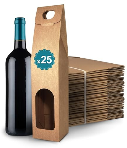 25 Cajas de Cartón Marrón Vacías para 1 Botella 8.5x8.5x39cm | Estuches para Regalo y Embalaje de Vino | Maletas de Vino para Regalar: Pascua, Cumpleaños, Navidad