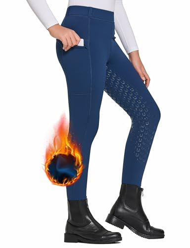 FitsT4 Sports Girls Winter Riding Pants Fleece Lined Riding Breeches Kids Full Seat Equestrian Pants Tights with Pockets NavyBlue,S