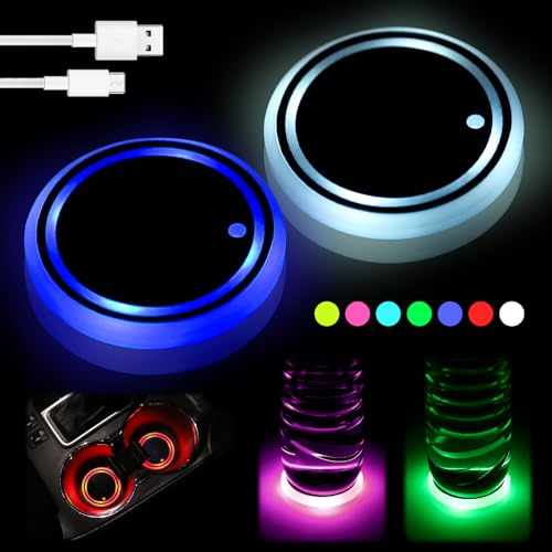 JIZZU LED Dessous de Verre Voiture, 2PCS Lumières Coaster de Voiture, 7 Couleurs Changeantes LED Porte Gobelet s'allume, Universelle Tapis de Tasse Luminescent Automobile de Charge USB