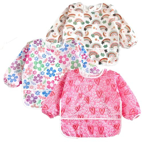PandaEar 3 Pack Waterproof Long Sleeve Baby Bibs for Eating & Messy Play, Toddler Smock with Food Catcher Pocket, Lightweight Reusable Feeding Apron for Infant 6-36 Months