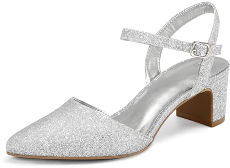 mysoft Women's Pumps 2 Inch Chunky Block Heel Pointed Toe Ankle Strap Slingback Wedding Party Dress Shoes Silver Glitter