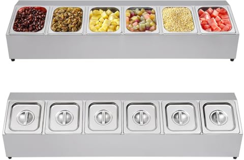 NaMaSyo Stainless Steel Gastronorm Pan with Lid, Pizza Topping Station, Food Containers, Bain Marie Pan Top Shelf, RCPN 6, 6 GN 1/6 Containers, Dishwasher-Safe