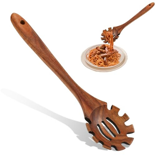 JJUNW Nudellöffel, Spaghettilöffel Holz 30 cm, Spaghettizange Hängbar Spaghettilöffel Nudelzange Nudelkelle Mit Zähnen für Nudeln Spaghetti Kochen Backen Spülmaschinenfest