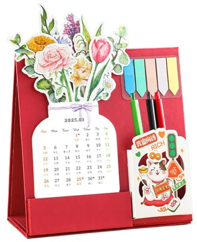 Bohany Calendrier de bureau 2025 avec porte-stylo, type d'insertion de cartes, calendrier de bureau créatif à fleurs | Calendrier d'insertion de cartes détachables pour
