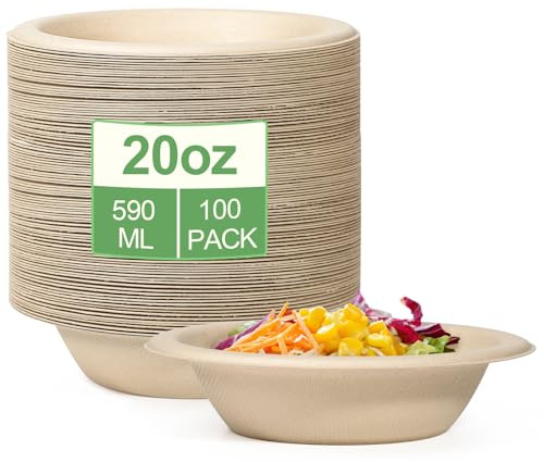 greensight 100 Stück Pappschalen Einweg Suppenschalen 590ML Zuckerrohr Einweggeschirr Suppenteller Einwegsuppenschale Braun Schälchen Einmal Party Rund Kompostierbare Einwegteller tief