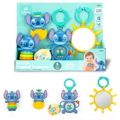 Bright Starts Disney Baby Stitch Tropical Treasures Geschenk-Set 4 von Stitch inspirierten Spielzeugen, inklusive babysicherem Spiegel und Beißspielzeug, für Neugeborene und ältere Kinder