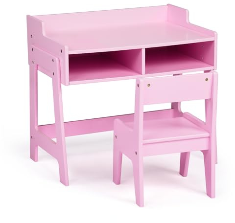 Bonnlo Kids Desk and Chair Set, Wooden Children Study Table with Storage Space, Toddler Activity Furniture for Learning Drawing, 60.5x41.5x50cm (Pink)
