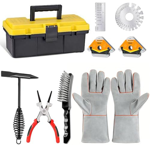 9Pcs Mig Welding Accessories Tools Kit for Beginners,10.5Chipping Hammer Welding,9.5Wire Brush,13.5Leather Welding Gloves,8MIG Welding Pliers,25LB Welding Magnet,Wire Metal Sheet Thickness Gauges