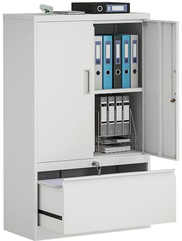 HOMCOM Armadio Portadocumenti 2 Ante in Acciaio con Serratura, Schedario da Ufficio con Ripiani Regolabile su 25 Livelli, Cassetto per Lettera/Legale/Formato A4, Mobiletto Multiuso, per Studio, Bianco