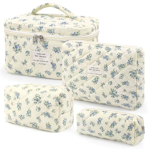 beifon 4er Set Kosmetiktasche Kulturtasche Damen mit Blumenmuster, Kulturbeutel Make Up Tasche, Tragbare Schminktasche Makeup Bag Waschtasche Groß Frauen Mädchen