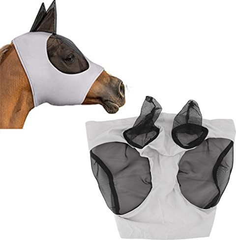 Máscara contra Moscas de Malla para Caballos, 44x36 cm, Cubierta elástica Transpirable para la Cara del Caballo, máscara Ligera contra Moscas con protección para los oídos, Equipo (Gris)