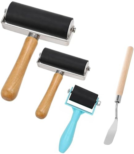 YGCQFH 3 unidades de goma Brayer Roller, rodillo de presión en 3,5 cm, 6 cm, 10 cm, con extractor de madera plano, para estampación, estampación, tinta, papel pintado y artesanía