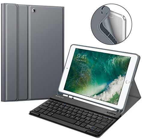 FINTIE Tastatur Hülle für iPad 9.7 2018 (6. Generation), Soft TPU Rückseite Gehäuse Keyboard Case mit eingebautem Pencil Halter, magnetisch Abnehmbarer QWERTZ Bluetooth Tastatur, Himmelgrau