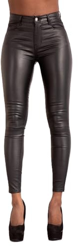 Glook Women High Waisted Leather Look Trousers Slim Fit Skinny Butt Lifting Jeans (M, Black 2)