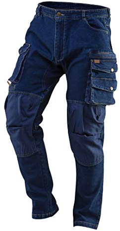 NEO TOOLS Pantalones vaqueros largos de trabajo para hombre, 8 bolsillos multifunción, costuras reforzadas, zona de las rodillas para rodilleras, 98% algodón, 2% elastano, 390 g/m1 Denim, talla XS