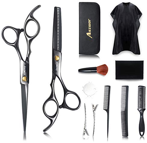 Aszwor - Set di forbici da parrucchiere, kit di 12 forbici professionali per tagliare i capelli, forbici per sfoltire e tagliare i capelli, kit multiuso per il taglio di capelli a casa e barbiere