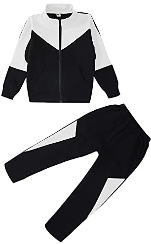 amropi Niña Chándales Traje Deportivo Chaqueta y Joggers Pantalones 2 Piezas Conjunto de Ropa Blanco Negro,9-10 años