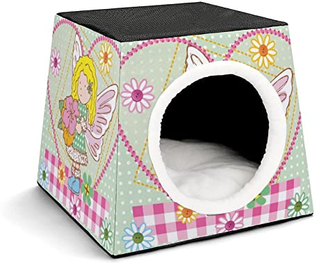 Three-Purpose Cat House Cat Bed Cat Sofa Foldable Cat Shelter Scratching Toy with Removable Cushion Butterfly Girl Flower