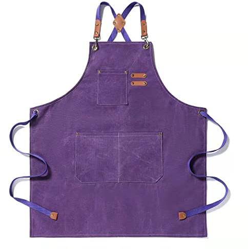 Tosewever Canvas Cross Back Chef Cotton Aprons for Men Women with Large Pockets (Purple)