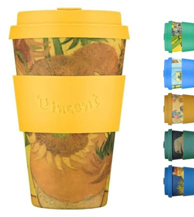 Ecoffee Cup 14oz 400ml Van Gogh Collection Reusable Eco-Friendly 100% Plant Based Coffee Cup with Silicone Lid & Sleeve - Melamine Free & Biodegradable Dishwasher/Microwave Safe Travel Mug, Sunflowers