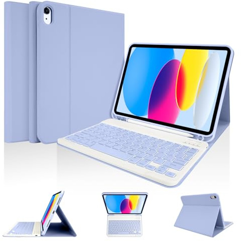 LAMA Bluetooth Keyboard Case for iPad A16 11 & 10th Gen 10.9, Purple | Detachable Keyboard Folio Cover with Pencil Holder, Full Protection, Adjustable Viewing Angles, Auto Sleep/Wake, UK Layout