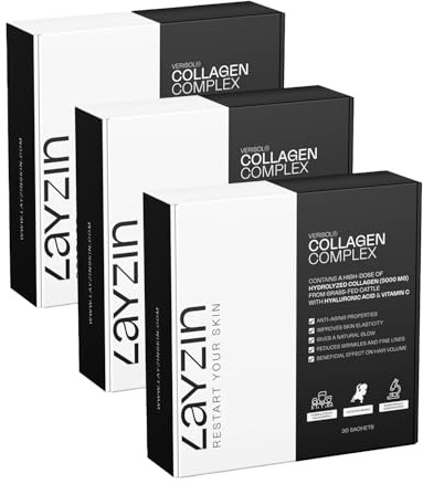 LAYZIN Kollagenpulver för Kvinnor med Verisol® Kollagen, Hyaluronsyra & Vitamin C – Anti-Aging Skönhetsformula för Hudföryngring samt Hår & Naglar – Stärker Huden, Halal – 90 Portionspåsar, Unisex