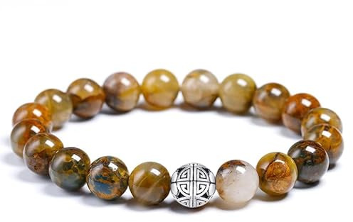 MetJakt Natural 8mm piedras preciosas Curación Crystal Stretch moldeado pulsera brazalete con plata de ley 925 doble felicidad colgante (pietersita amarilla)