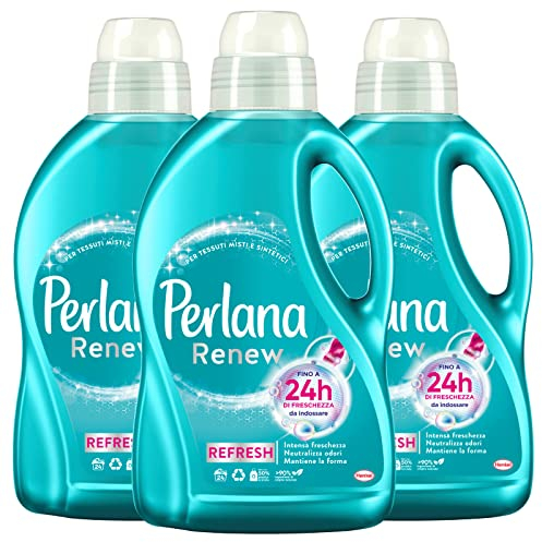 Perlana Renew Refresh Flüssigwaschmittel für Misch- und Synthetik-Textilien für Waschmaschine und Handwäsche, gegen schlechte Gerüche, langanhaltende Frische, 3 Flaschen à 1,44 Liter