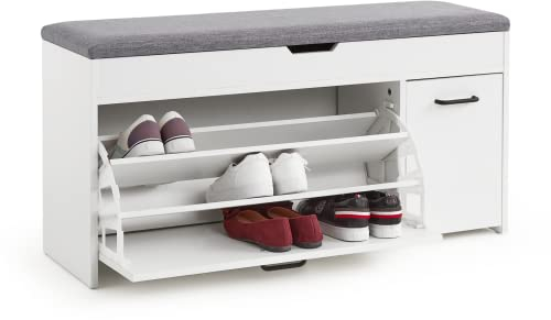 Meerveil Shoe Bench with Seat, Shoe Bench with Storage and Flip-up Drawer, Wooden Industrial Style for Hallway Entryway, W100 x H52 x D30 cm, White